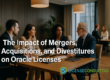 Business professionals in a modern office discussing mergers, acquisitions, and divestitures with Oracle licenses – License Consulting