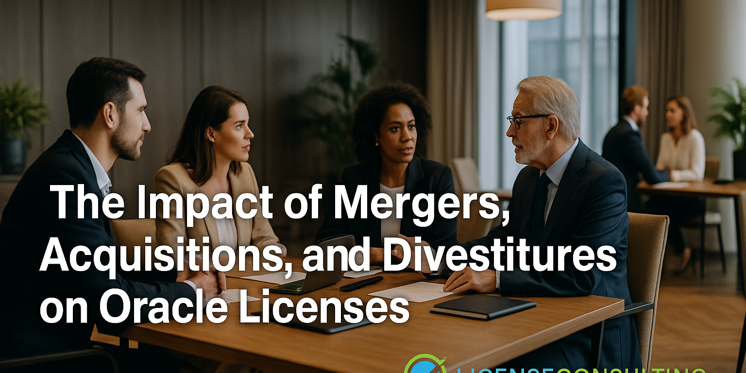 Business professionals in a modern office discussing mergers, acquisitions, and divestitures with Oracle licenses – License Consulting