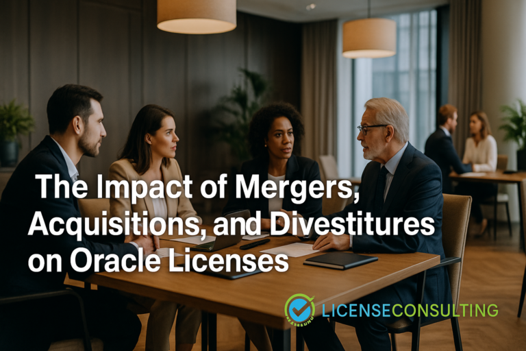 Business professionals in a modern office discussing mergers, acquisitions, and divestitures with Oracle licenses – License Consulting