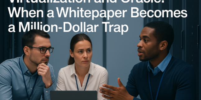 Three IT professionals discussing Oracle virtualization risks — illustration for the article “Virtualization and Oracle: When a Whitepaper Becomes a Million-Dollar Trap”.