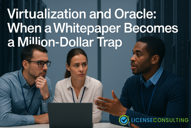 Three IT professionals discussing Oracle virtualization risks — illustration for the article “Virtualization and Oracle: When a Whitepaper Becomes a Million-Dollar Trap”.