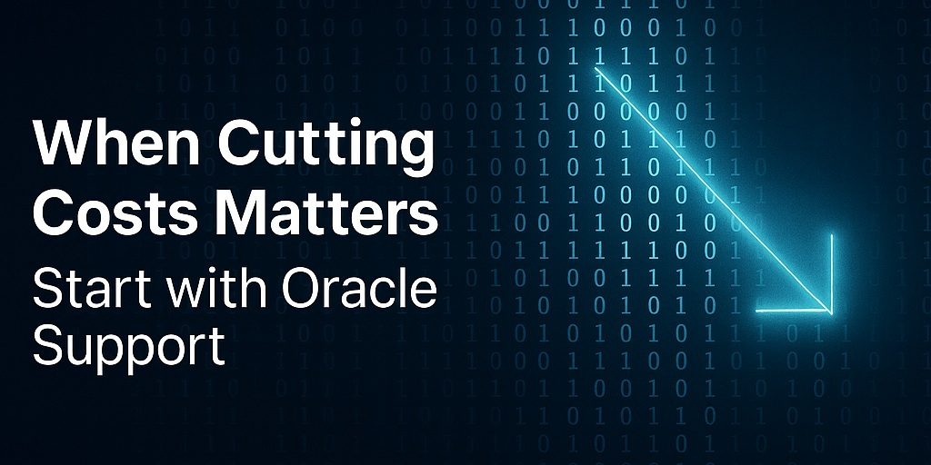 Visual showing a downward arrow over binary code, symbolizing rising IT costs and the need to reduce Oracle support spending.