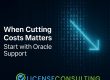 Visual showing a downward arrow over binary code, symbolizing rising IT costs and the need to reduce Oracle support spending.