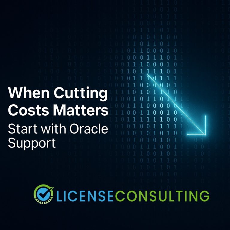 Visual showing a downward arrow over binary code, symbolizing rising IT costs and the need to reduce Oracle support spending.